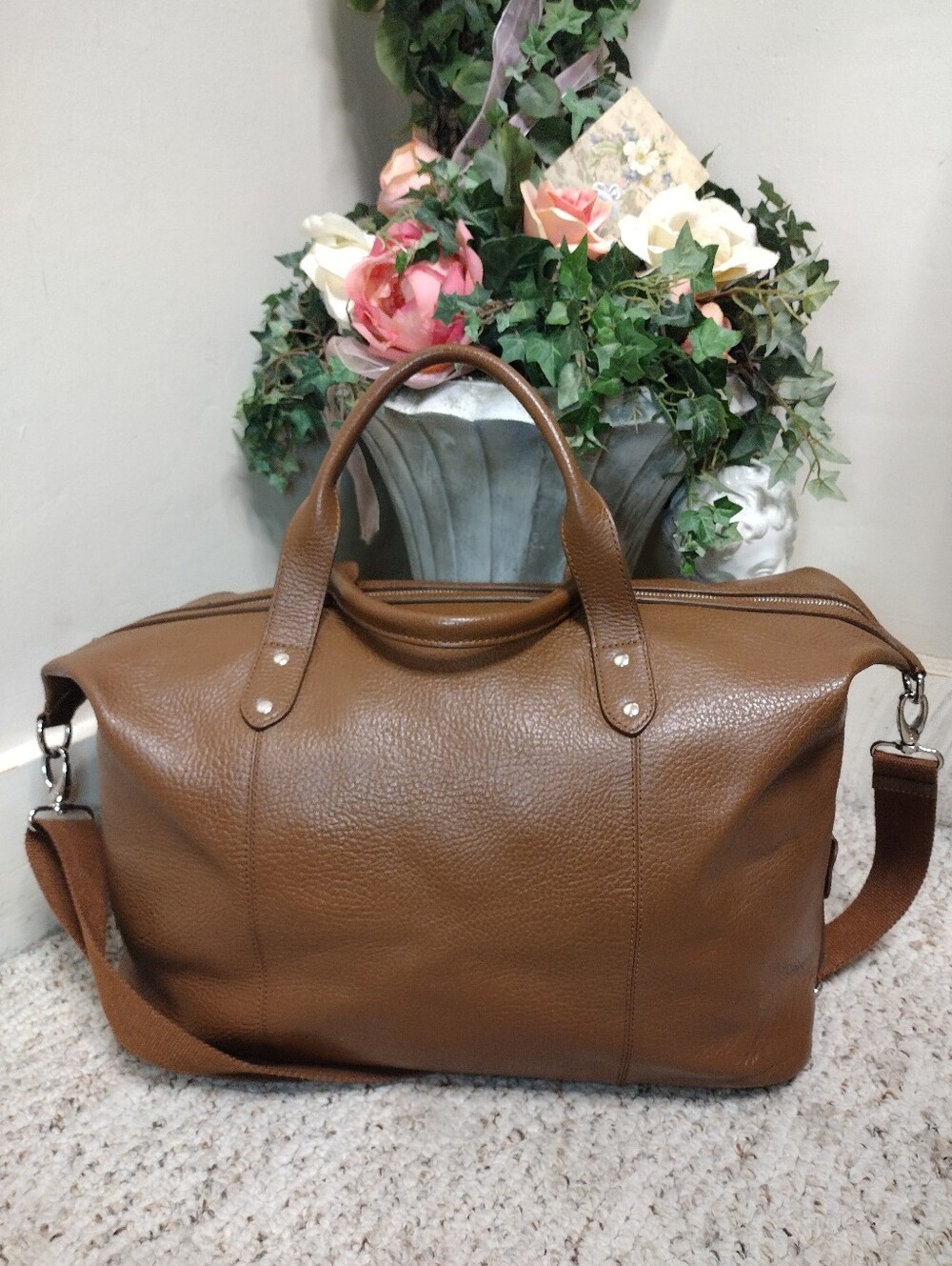 Cole Haan Men's Brown Pebbled Leather Travel Duffel With Shoulder Strap